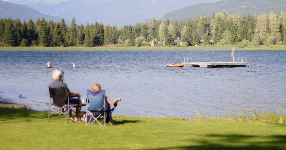 An elderly couple enjoying the lake