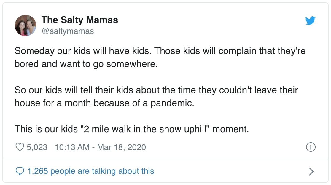 photo of a tweet from the salty mamas which reads someday our kids will have kids. those kids will complain that they're bored and want to go somewhere. so our kids will tell their kids about the time they couldn't leave their house for a month because of a pandemic. this is our kids "2 mile walk in the snow uphill" moment.